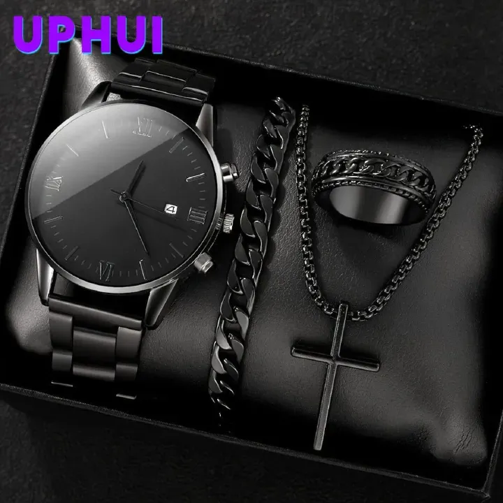4PCS Men's Watch Set Black Men's Calendar Watch Titanium Steel Rings Bracelet Necklace Black Cross Necklace Set Not Easy to Fade Daily Wear Business Leisure