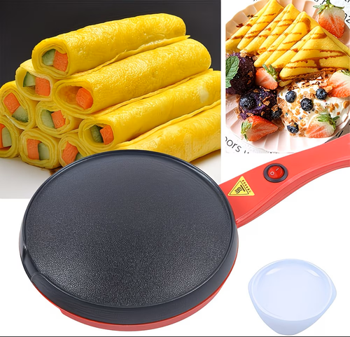 Complimentary dish + oil Pan + oil brush UK standard pancake maker, fast-heating home pancake breakfast machine, 600W high power for frying steak, non-stick easy-to-clean electric baking tray, with oil guide edge for frying meat