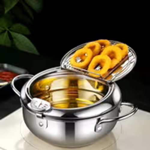 Single Professional Jumi Japanese Tempura Frying Pot - Induction-Compatible Stainless Steel with Integrated Thermometer - 2.2L Capacity for Home Cooking & Outdoor Use - Features Oil Drain Spout, Splash Guard Lid & Heat-Resistant Handles