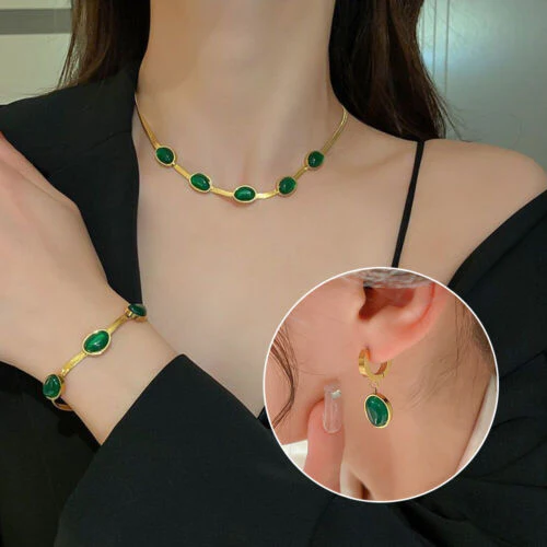 Emerald Necklace Earrings Bracelet, Emerald Jewelry Set Gifts