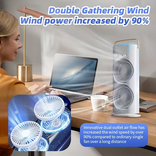 Portable Mini AC Fan with Cooling Mist, USB Power, No Battery Needed - Double Headed, Adjustable Wind Direction, 3 Speeds, Warm Colorful Night Light, Ideal for Summer Cooling, Desktop Powerful Fan, Air Cooler, All-Season Air Conditioner, Portable Air Conditioner | Modern Aesthetic | USB Powered Fan, Portable Air Conditioner