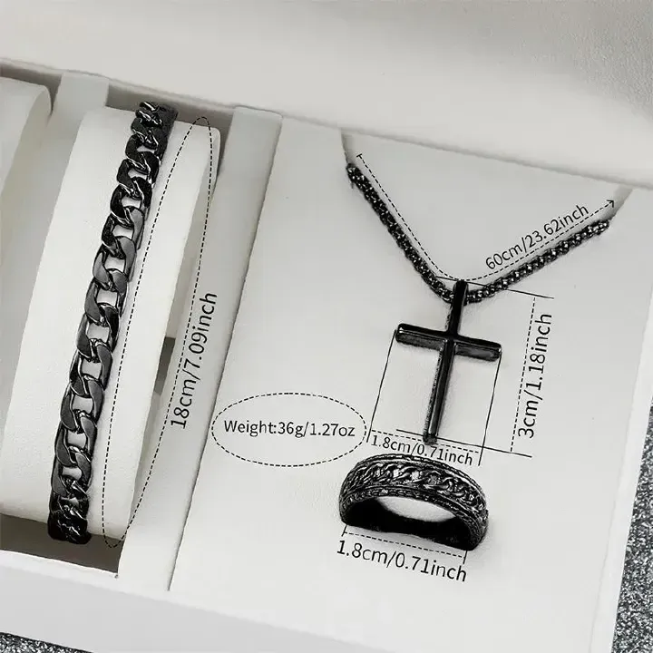 4PCS Men's Watch Set Black Men's Calendar Watch Titanium Steel Rings Bracelet Necklace Black Cross Necklace Set Not Easy to Fade Daily Wear Business Leisure