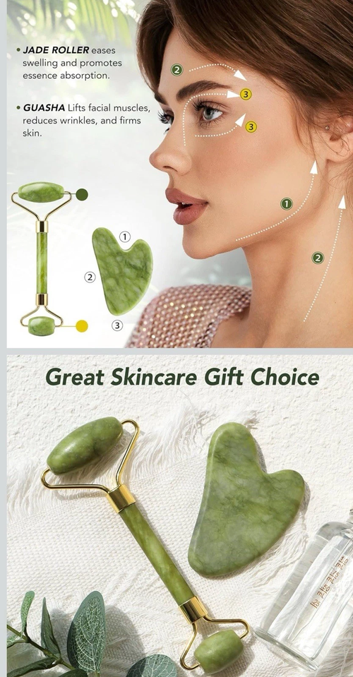 Jade Roller and Gua Sha Set - Guasha Tool for Face - Skin Care Gift Set