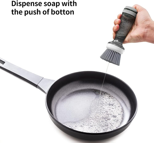 CQT Dish Brush with Soap Dispenser for Dishes, Kitchen Sink, Pot, Pan Scrubbing, 1 Brush 2 Refills