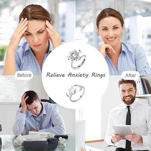 2 PCS Fidget Rings for Anxious Women Relieve Anxiety Rings Silver Swivel Ring with Beads Adjustable Open Fidget Ring for Girls Women Spinner Rings for Anxiety Relieving