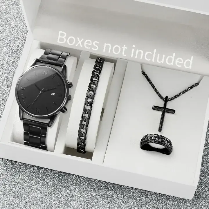 4PCS Men's Watch Set Black Men's Calendar Watch Titanium Steel Rings Bracelet Necklace Black Cross Necklace Set Not Easy to Fade Daily Wear Business Leisure