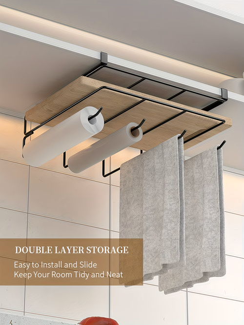 A Multifunctional Cabinet Rack Designed for Storing Cutting Boards, Tissues, Paper Rolls, And Cling Film - an Under-Cabinet Hanging Storage Solution for Organizing Kitchen Additions, Utility RacksA Multifunctional Cabinet Rack Designed for Storing Cutting Boards, Tissues, Paper Rolls, And Cling Film - an Under-Cabinet Hanging Storage Solution for Organizing Kitchen Additions, Utility Racks