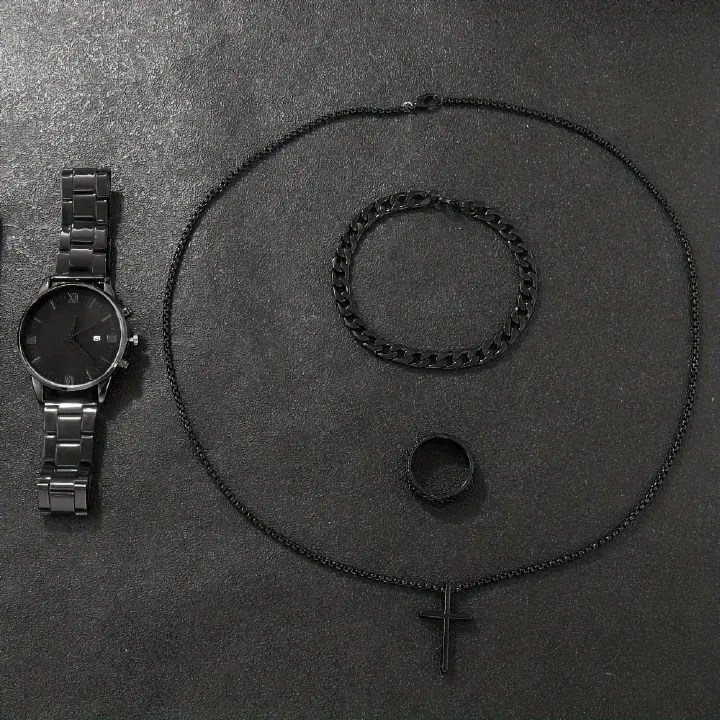 4PCS Men's Watch Set Black Men's Calendar Watch Titanium Steel Rings Bracelet Necklace Black Cross Necklace Set Not Easy to Fade Daily Wear Business Leisure