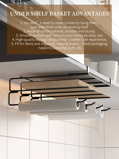 A Multifunctional Cabinet Rack Designed for Storing Cutting Boards, Tissues, Paper Rolls, And Cling Film - an Under-Cabinet Hanging Storage Solution for Organizing Kitchen Additions, Utility RacksA Multifunctional Cabinet Rack Designed for Storing Cutting Boards, Tissues, Paper Rolls, And Cling Film - an Under-Cabinet Hanging Storage Solution for Organizing Kitchen Additions, Utility Racks