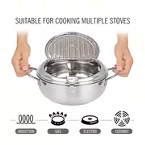 Single Professional Jumi Japanese Tempura Frying Pot - Induction-Compatible Stainless Steel with Integrated Thermometer - 2.2L Capacity for Home Cooking & Outdoor Use - Features Oil Drain Spout, Splash Guard Lid & Heat-Resistant Handles