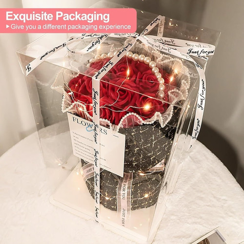 Valentines Day Gift For Her Red Roses Bouquet Artificial Flower,with Pearl+Light