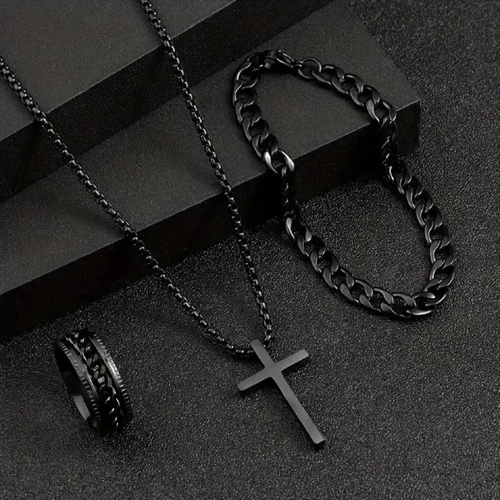 4PCS Men's Watch Set Black Men's Calendar Watch Titanium Steel Rings Bracelet Necklace Black Cross Necklace Set Not Easy to Fade Daily Wear Business Leisure