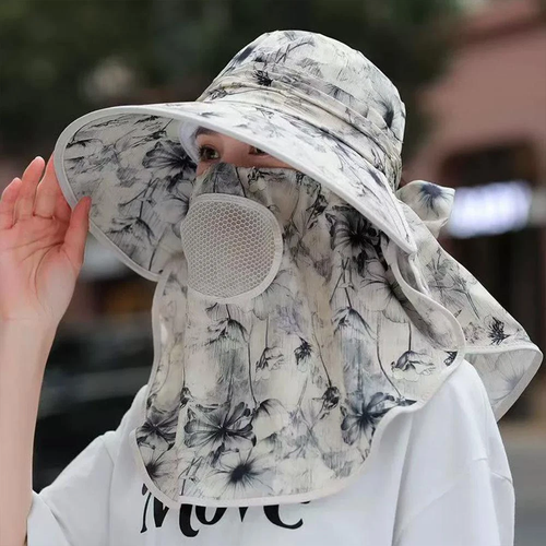 Chiffon Landscape Breathable Face Sun Hat with Large Brim Antiultrav N4R1