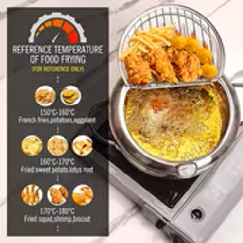 Single Professional Jumi Japanese Tempura Frying Pot - Induction-Compatible Stainless Steel with Integrated Thermometer - 2.2L Capacity for Home Cooking & Outdoor Use - Features Oil Drain Spout, Splash Guard Lid & Heat-Resistant Handles