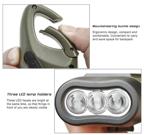 New Hand Crank Charging Light, LED Flashlight, Human Power Generation, Solar Power Generation, Carabiner Design, Hand Crank Charging, Solar Charging, Small, Handy Light, Hook Included, Portable