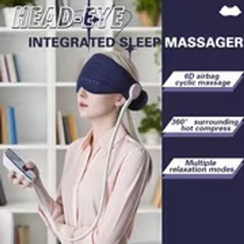 A Blue Wireless Portable USB-rechargeable Smart Head Massager with an Independent Remote Control for Convenient Operation. Features a Comprehensive Head and Eye Massage Design with 6D Surround-wrapped Safety Airbag for Circulating Massage
