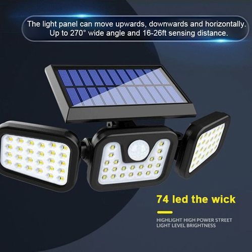 74LED Solar 3 Heads Rotatable Lamp Motion Sensor Wall Lamp