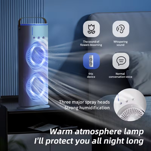 Portable Mini AC Fan with Cooling Mist, USB Power, No Battery Needed - Double Headed, Adjustable Wind Direction, 3 Speeds, Warm Colorful Night Light, Ideal for Summer Cooling, Desktop Powerful Fan, Air Cooler, All-Season Air Conditioner, Portable Air Conditioner | Modern Aesthetic | USB Powered Fan, Portable Air Conditioner