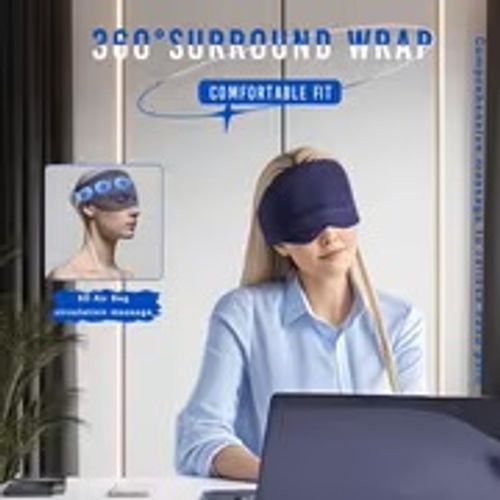 A Blue Wireless Portable USB-rechargeable Smart Head Massager with an Independent Remote Control for Convenient Operation. Features a Comprehensive Head and Eye Massage Design with 6D Surround-wrapped Safety Airbag for Circulating Massage