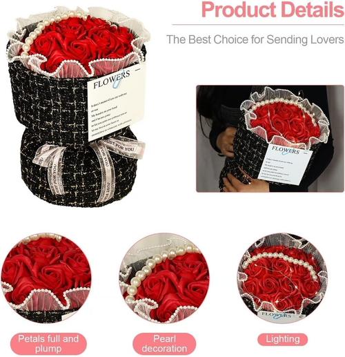 Valentines Day Gift For Her Red Roses Bouquet Artificial Flower,with Pearl+Light