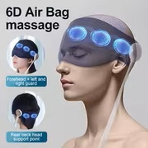 A Blue Wireless Portable USB-rechargeable Smart Head Massager with an Independent Remote Control for Convenient Operation. Features a Comprehensive Head and Eye Massage Design with 6D Surround-wrapped Safety Airbag for Circulating Massage