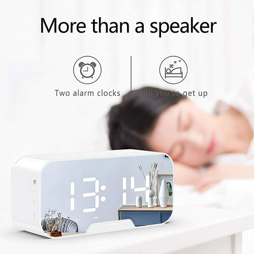 Digital Alarm Clock FM Radio Wireless Bluetooth Mirror LED With Speaker Portable
