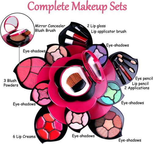 Makeup Kits Flower Make Up Pallete Gift Set for Teen Girls and Women - Petals Expand to 3 Tiers -Variety Shade Array - Full Starter Sets for Beginners, Cosplay