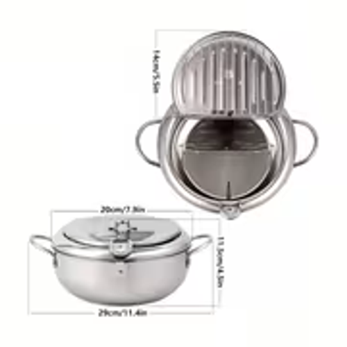 Single Professional Jumi Japanese Tempura Frying Pot - Induction-Compatible Stainless Steel with Integrated Thermometer - 2.2L Capacity for Home Cooking & Outdoor Use - Features Oil Drain Spout, Splash Guard Lid & Heat-Resistant Handles
