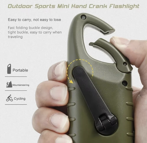New Hand Crank Charging Light, LED Flashlight, Human Power Generation, Solar Power Generation, Carabiner Design, Hand Crank Charging, Solar Charging, Small, Handy Light, Hook Included, Portable