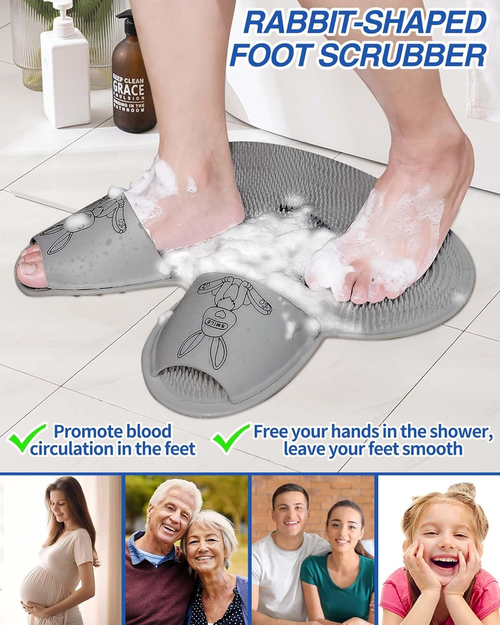Extra-Large Shower Foot Scrubber Mat with Non-Slip Suction Cups, Rabbit-Shaped Silicone Foot Scrubber in Shower for Men & Women