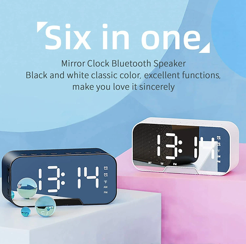 Digital Alarm Clock FM Radio Wireless Bluetooth Mirror LED With Speaker Portable