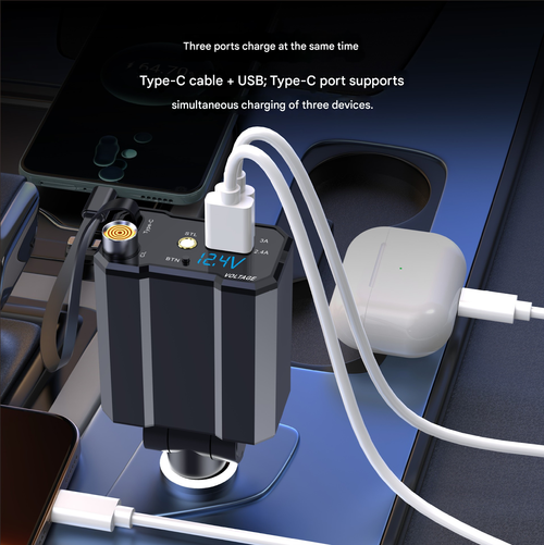 4-in-1 Fast Charging Car Charger USB-C & USB-A - Retractable Car Charger with Starry Sky Ceiling Projector Light, Compatible with iPhone 16/15/14/13/12/11, Galaxy & Pixel