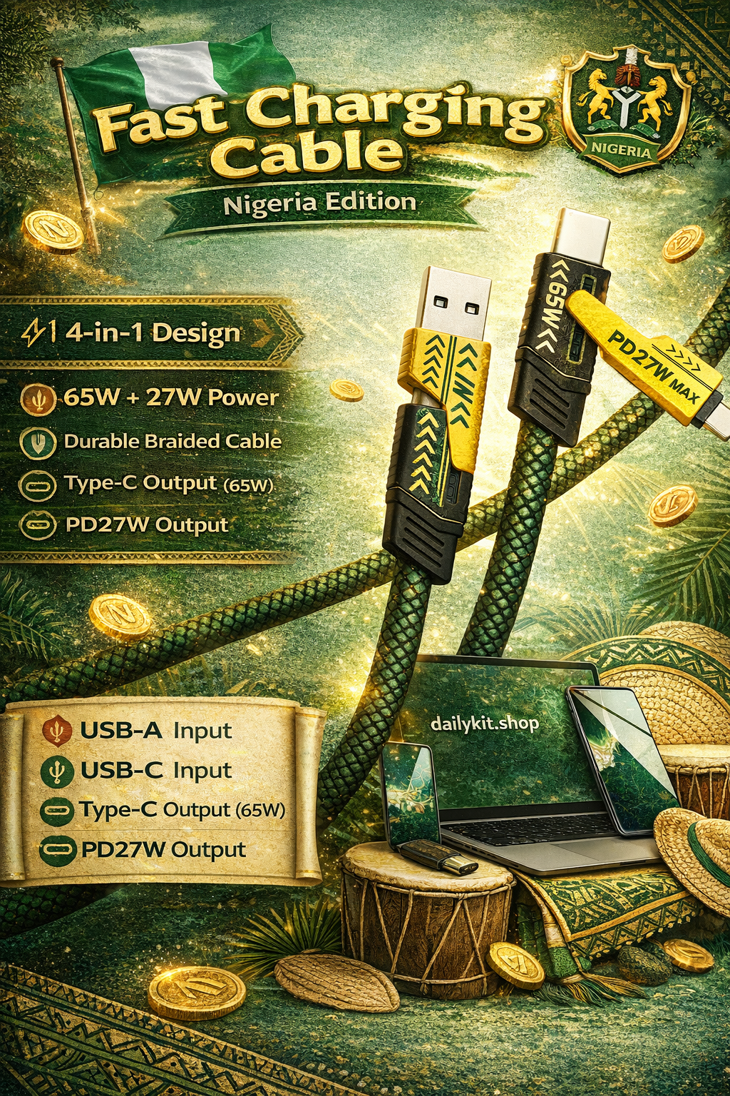 3-in-1 Durable Fast Charging Cable – Type-C, Lightning & USB, One Cable for All Phones | Cash on Delivery Available