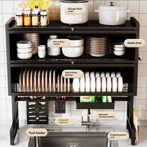 105cm Kitchen Sink Countertop Storage Rack Metal Modern Sustainable Multifunctional Dustproof Cupboard Tableware Dinnerware Drain Rack