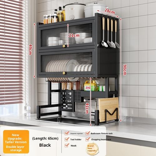 105cm Kitchen Sink Countertop Storage Rack Metal Modern Sustainable Multifunctional Dustproof Cupboard Tableware Dinnerware Drain Rack