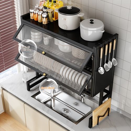 105cm Kitchen Sink Countertop Storage Rack Metal Modern Sustainable Multifunctional Dustproof Cupboard Tableware Dinnerware Drain Rack
