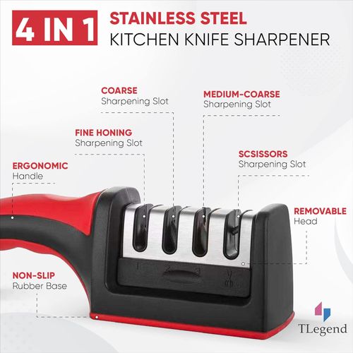🔥Knife Sharpeners for Kitchen Knives– Stainless Steel 4 in1 Kitchen Knife Sharpener – Ergonomic and Easy to Use Knife Sharpening Kit with 4 Stage Sharpening Slots Black