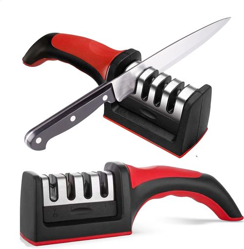 🔥Knife Sharpeners for Kitchen Knives– Stainless Steel 4 in1 Kitchen Knife Sharpener – Ergonomic and Easy to Use Knife Sharpening Kit with 4 Stage Sharpening Slots Black