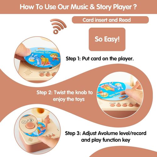 🔥Toddler Gramophone Musica Toys - Player Audio Books for Kids, 99 Cards Stories Songs Phonograph Record, Gift for Boys and Girls (Cozy Brown)🔥