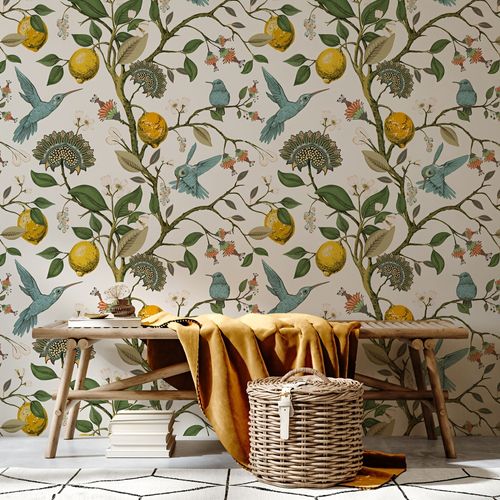 1 piece Bluebird self-adhesive wallpaper with black background and fresh lemon tree pattern