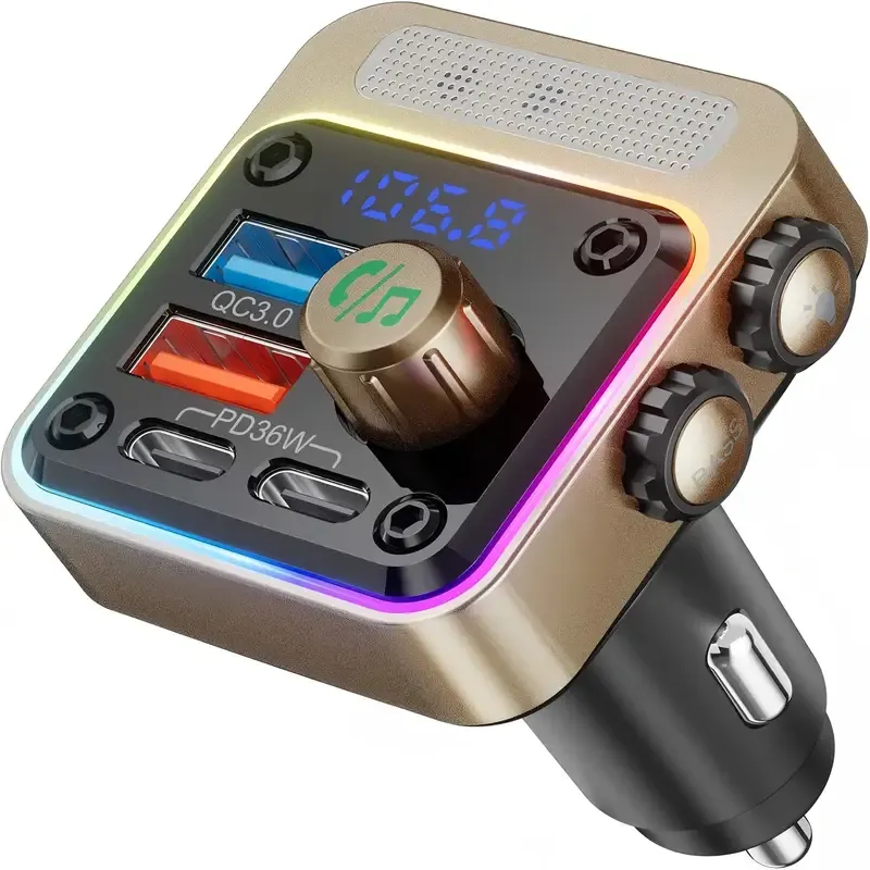 BT 5.3 Dual USB-C Car Charger Handsfree Bluetooth Car Kit Mp3 Player Car FM Transmitter Wireless FM Modulator