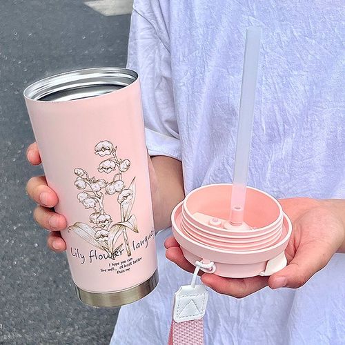 Custom Double Wall Stainless Steel Hot Lily of the Valley Ceramic Coffee Tumbler Eco-friendly Thermos Cup Drink Bottle