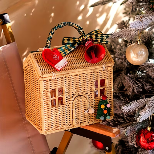 Handmade House Storage Basket - Elegant Red & Checkered Lid, Durable Plastic Organizer for Home Decor, Christmas & Halloween Gifts, Shelf Baskets, Home Decor Storage