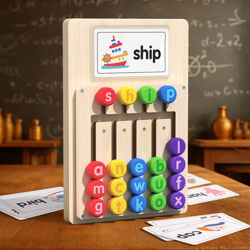 Alphabet Spelling Learning Board + 12 Double-Sided Word Cards (24 Words in Total) | English Enlightenment Phonics Educational Toy for Kids