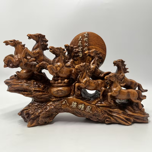 Good Luck, Eight Steeds Wooden Figurine , Wooden , Chinese Feng Shui Wealth Decor , Office And Home Desktop , Good Luck Charm