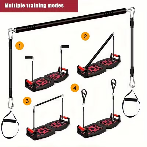 Home Gym Exercise Equipment - Black Portable Workout System 17 Fitness Accessories 9 In1 Push Up Board Set, Resistance Bands with Pilates Bar Strength Training Abs Shoulders Back Butt