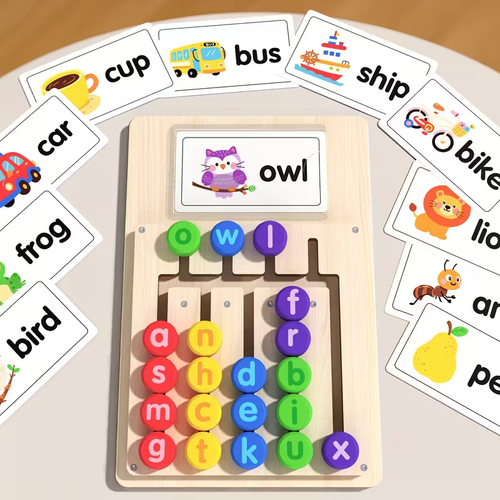 Alphabet Spelling Learning Board + 12 Double-Sided Word Cards (24 Words in Total) | English Enlightenment Phonics Educational Toy for Kids