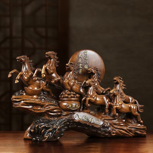 Good Luck, Eight Steeds Wooden Figurine , Wooden , Chinese Feng Shui Wealth Decor , Office And Home Desktop , Good Luck Charm