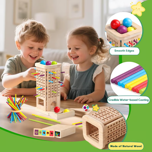 Montessori Game Wooden Stick Tower Toy With Sticks Dice Motor Skills Development