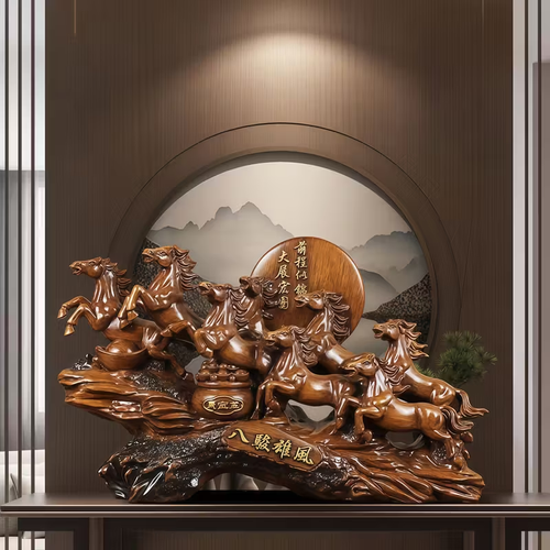 Good Luck, Eight Steeds Wooden Figurine , Wooden , Chinese Feng Shui Wealth Decor , Office And Home Desktop , Good Luck Charm